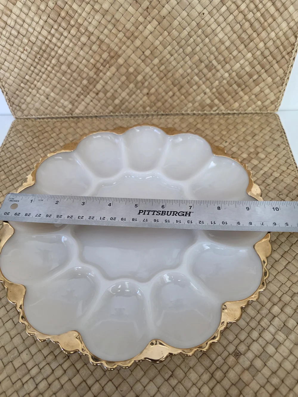 Anchor Hocking White Milk Glass Deviled Egg Platter with Gold Trim